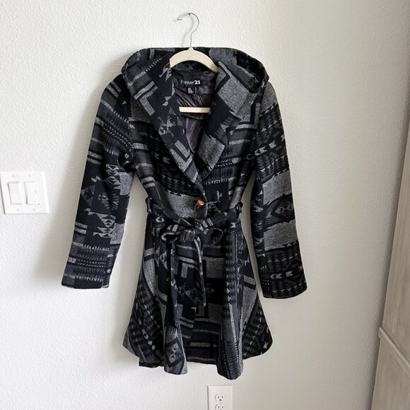 FOREVER 21 Hooded Aztec Boho Wrap Coat - Hippie Shawl Winter Jacket (S) - Picture 10 of 14